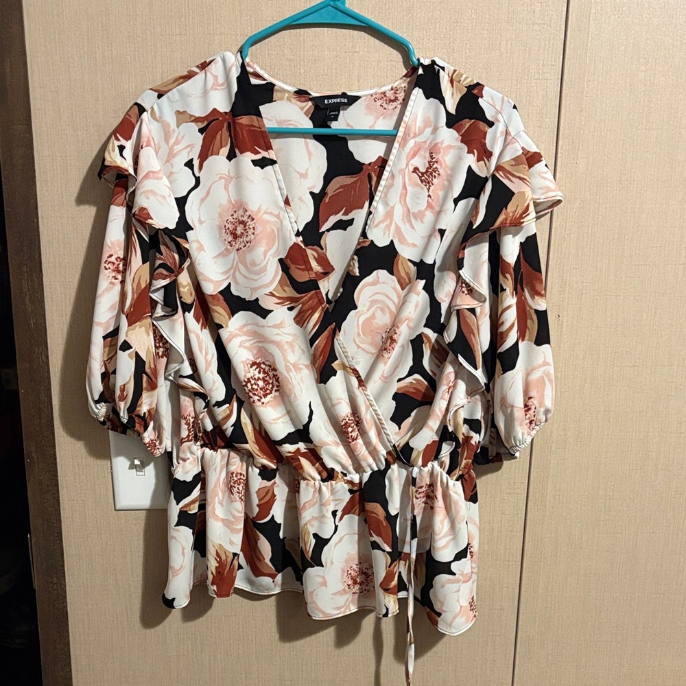 Floral Wrap Blouse - Black, White, Brown